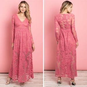 Adore You pink Rose V-Neck Lace Overlay long sleeve Maxi Dress